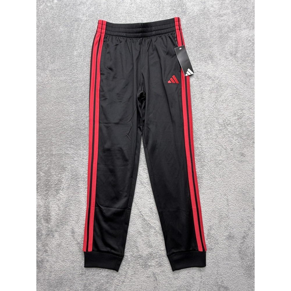 Adidas Pants Unisex Kids 10-12 Black Joggers Red 3-Stripes Elastic Waist